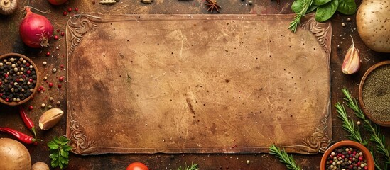 Wall Mural - Vintage border made of vegetables and spices with a blank cutting board