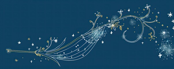 Wall Mural - Delicate line art of a witch's broomstick adorned with twinkling stars and moon motifs, set against a midnight blue background.