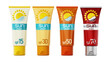 © Destina - Collection of sun screen tubes with various protection levels isolated on transparent background.. 3D illustration