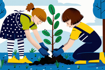 Wall Mural - Two children in bright clothes plant a sapling together, symbolizing environmental action and hope for a greener future.