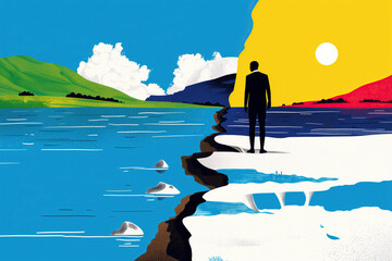 Wall Mural - An illustration of a man standing on a shore dividing two landscapes, one pristine and natural, the other polluted with plastic waste.