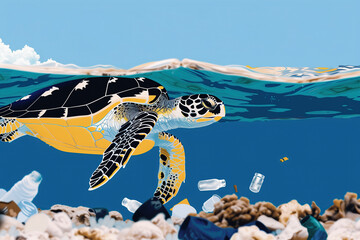 Wall Mural - An illustration of a sea turtle swimming in the ocean surrounded by plastic pollution.