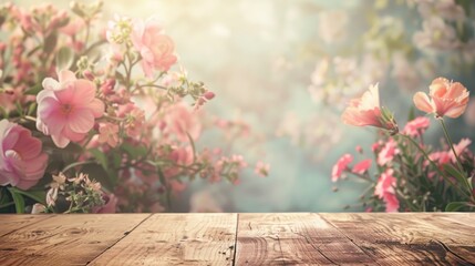 Canvas Print - Vintage style empty desk with blurred floral background for decor display