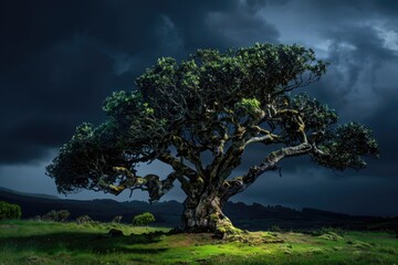 Old Tree Illuminated by Dramatic Thundercloud on Pico Island, Azores, Portugal