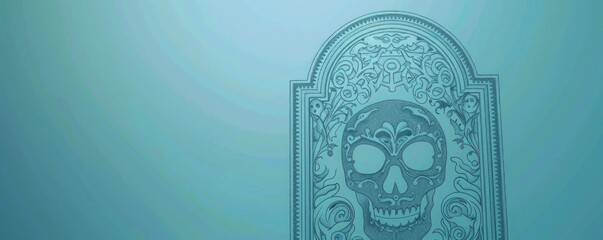 Wall Mural - Creative line art of a tombstone with intricate engravings and spooky decorations, on a light blue background.