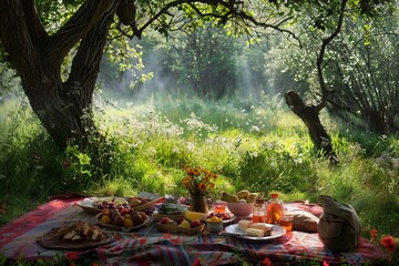 Wall Mural - Tranquil picnic haven  lush feast in serene summer grove, perfect spot for relaxation