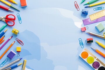 Wall Mural - Flat lay colorful school supplies on blue background. Back to school concept. Top view, overhead.