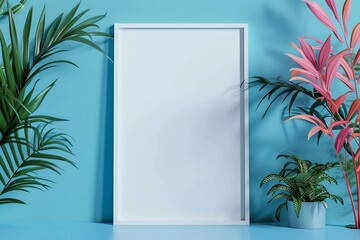 Sticker - A blank white frame stands out against a blue wall, accented by green and pink plants, creating a simple, colorful aesthetic.