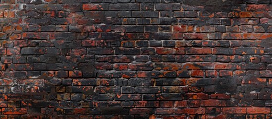 Wall Mural - Texture of an aged dark brown and red brick wall in panoramic view.