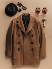 An aesthetically arranged display of stylish items including a brown coat, glasses, hat, razor, and two glasses of red wine on a beige background.