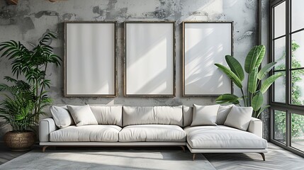 Poster - A chic living room featuring a white sectional sofa, three blank frames on a textured concrete wall, decorative plants, and large windows letting in ample natural light, epitomizing modern design.