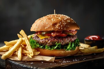 Sticker - a hamburger and fries on a wooden board