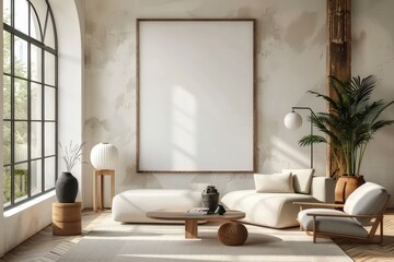 Sticker - a living room with a couch, chair, table and a large picture frame