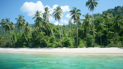 Sticker - A stunning tropical beach with lush palm trees, pristine clear waters, and a serene blue sky, capturing the essence of a paradise getaway.