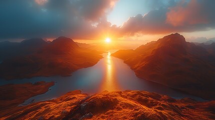 Sticker - Majestic sunset over a peaceful mountain lake, with the golden light of the sky reflecting off the lake’s surface, creating a tranquil scene.