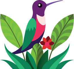 Wall Mural - A colorful bird with a long beak is perched on a leafy green plant