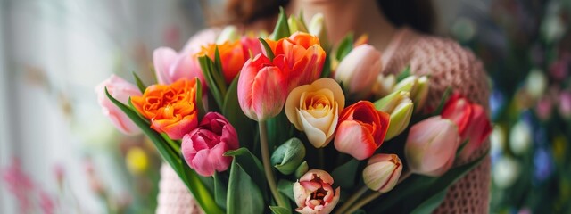 Wall Mural - Banner of a colorful bouquet of tulips in female hands, for design of postcard, website, holiday greetings, happy birthday, mother's day