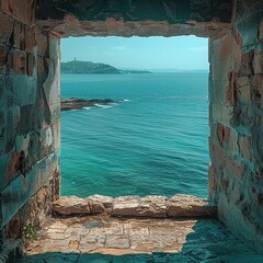 Wall Mural - A window overlooking the ocean with a view of the water