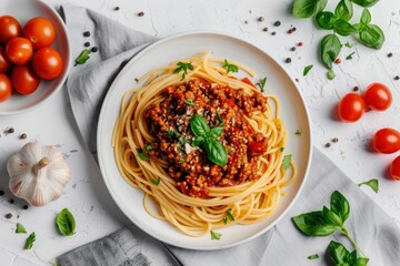 Wall Mural - a plate of spaghetti with meat and tomatoes