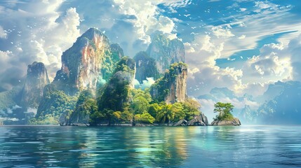 Canvas Print - This image displays a majestic tropical island featuring towering cliffs covered in lush vegetation, surrounded by the calm blue waters of the sea.