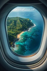 Wall Mural - The breathtaking aerial view through an airplane window reveals a stunning tropical island characterized by lush green forests and crystal-clear blue waters, epitomizing paradise.