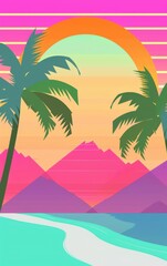 Wall Mural - a sunset with palm trees and mountains