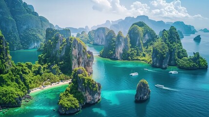 Canvas Print - An aerial view showcasing tropical islands with stunning limestone cliffs, lush green foliage, turquoise blue sea, and anchored sailboats scattered around.