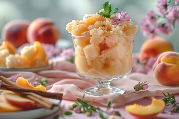 Wall Mural - A glass bowl filled with a yellowish-orange substance with green leaves on top