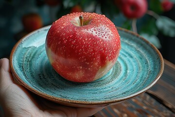 A person is holding a red apple on a blue plate