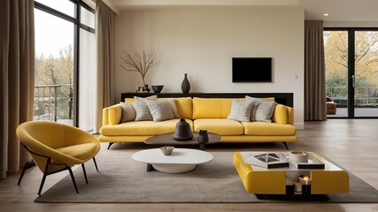 Modern living room yellow and white sofa with fireplace	
