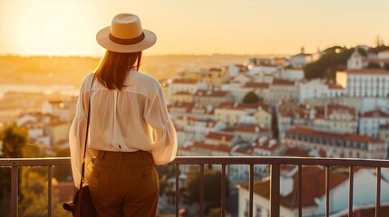 Woman in hat overlooking a city at sunrise. The style captures a quiet moment. 