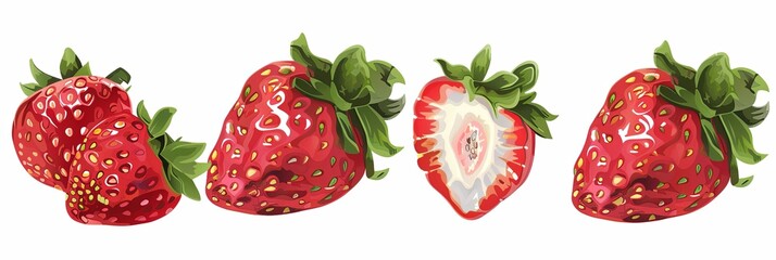 Aufkleber - A digital illustration of four strawberries with green leaves on a white background. Generative AI