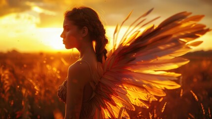 Wall Mural - a woman with a large feathered wings in a field