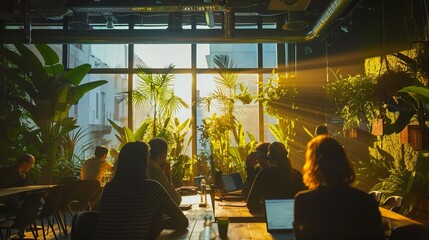 Wall Mural - People engaged in work within a contemporary office space filled with natural light and greenery, signifying a modern and productive workspace.