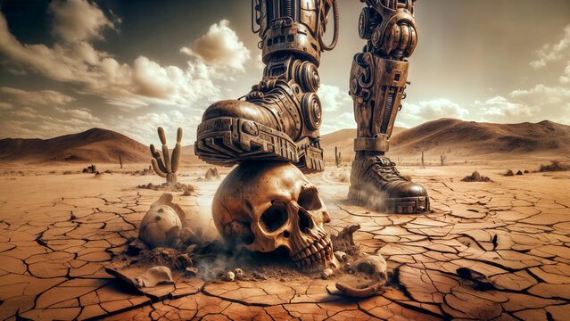 AI apocalypse, post-apocalyptic scene, detail of robot's foot crushing weathered human skull on arid scorched earth, concept of future machine uprising and humanity's downfall.