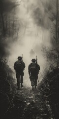 Wall Mural - two soldiers walking down a path in the woods