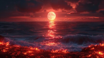 Poster - Stunning image of a fiery sunset over ocean waves, reflecting a glowing full moon, blending natural beauty with an ethereal and magical atmosphere.