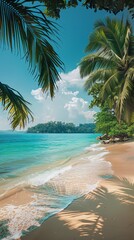 Canvas Print - This serene tropical beach scene showcases swaying palm trees, vibrant turquoise waters, and golden sand, creating a perfect daytime paradise atmosphere.