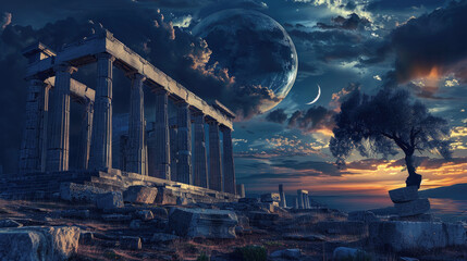 Wall Mural - Fantasy view of Ancient temple ruins at mystic night, remains of old Greek building on dramatic sky and moon background. Concept of antique, landscape, travel, halloween.