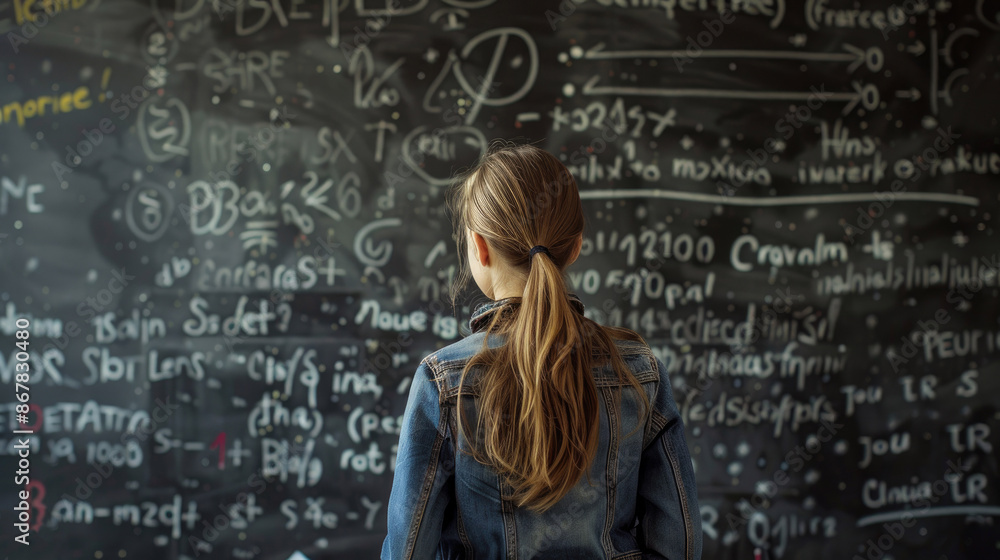 Student thinks and looks at blackboard with formulas, girl teenager ...
