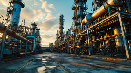 Wall Mural - Oil and gas refinery plant or petrochemical industry, scenery of factory at sunset. Perspective view of chemical petroleum industrial buildings and sky. Concept of power, steel