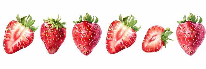 Aufkleber - An illustration depicting six strawberries, some whole and others cut in half, with green leaves on a white background. Generative AI