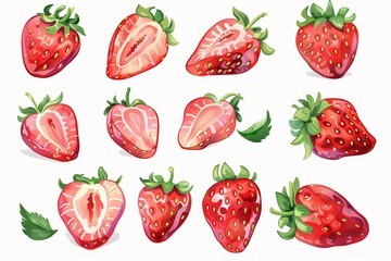 Aufkleber - A digital illustration of 12 whole and sliced strawberries isolated on a white background. Generative AI
