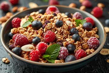 Wall Mural - A bowl of cereal with blueberries and raspberries