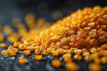 A pile of yellow grains on a black surface