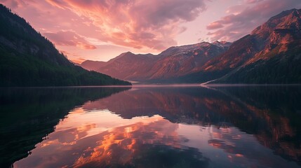 Canvas Print - This image captures a stunning sunset view over a tranquil lake, reflecting mountains and vibrant, colorful clouds, creating a serene and picturesque scenery.