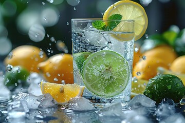 Wall Mural - A glass of water with a slice of lime and a lemon in it