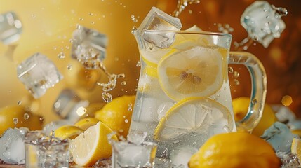Wall Mural - A pitcher of lemonade filled with lemon slices and ice cubes