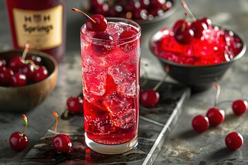 A glass of cherry juice with a cherry on top