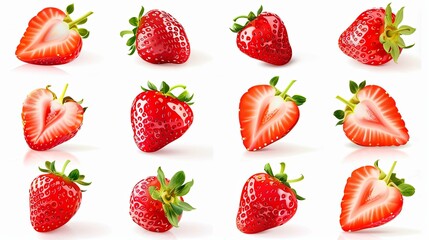 Aufkleber - A collection of 12 fresh red strawberries isolated on a white background. The strawberries are shown whole, halved, and sliced, showcasing their vibrant color and juicy texture. Generative AI